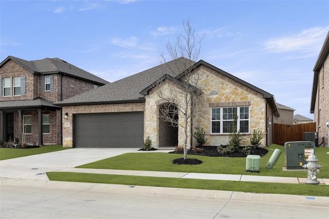 view of front of house featuring a garage, central AC unit, and a front lawn