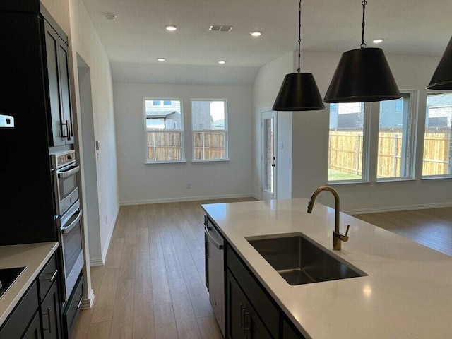 kitchen with dishwasher, light hardwood / wood-style flooring, hanging light fixtures, black electric cooktop, and sink