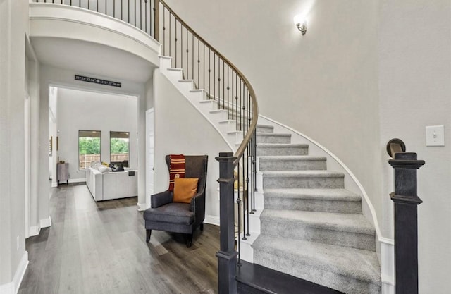 staircase featuring a high ceiling and wood-type flooring