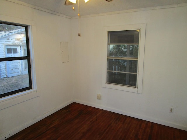 empty room featuring ornamental molding, ceiling fan, a healthy amount of sunlight, and hardwood / wood-style flooring