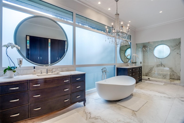 bathroom with a notable chandelier, plus walk in shower, crown molding, and vanity