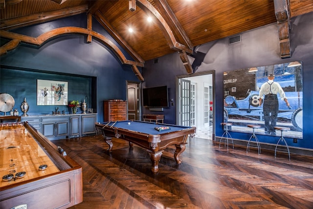 recreation room featuring wooden ceiling, beamed ceiling, billiards, wet bar, and dark parquet flooring