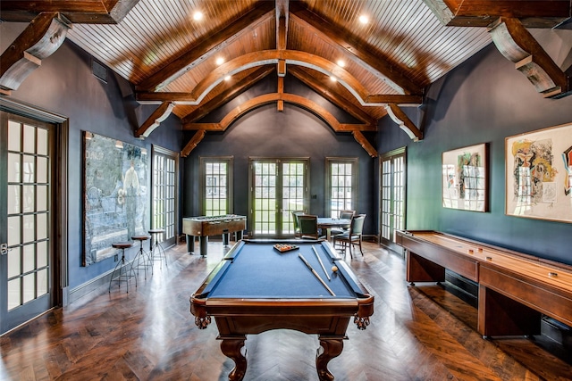 playroom featuring french doors, dark parquet flooring, billiards, and wooden ceiling