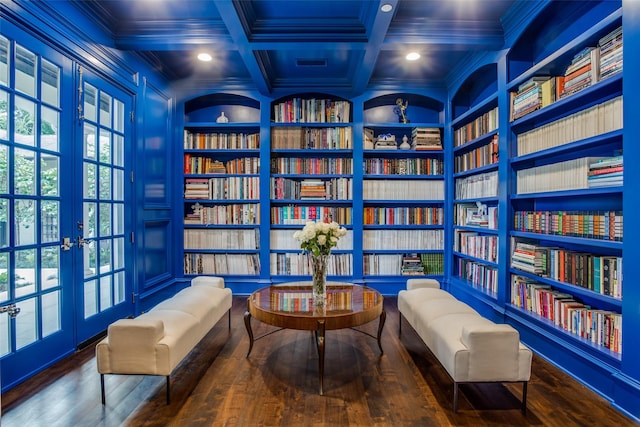 living area featuring french doors, beamed ceiling, built in shelves, wood-type flooring, and coffered ceiling