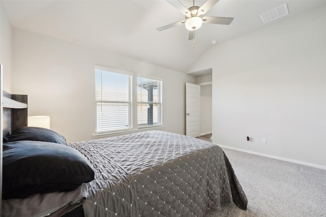 bedroom featuring ceiling fan, lofted ceiling, and carpet flooring