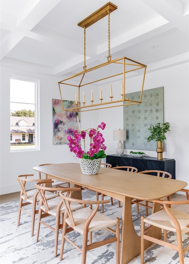 dining room featuring beamed ceiling, coffered ceiling, and hardwood / wood-style floors