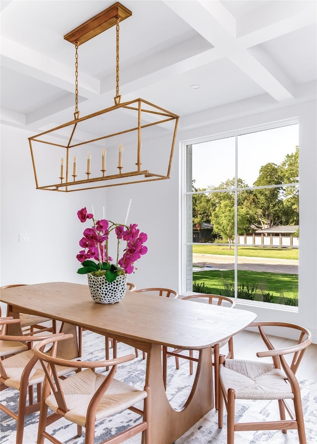 dining area featuring an inviting chandelier, beam ceiling, and coffered ceiling