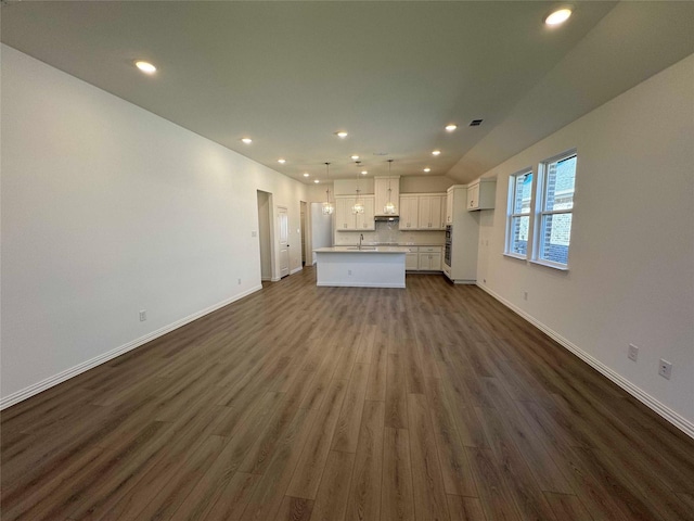 unfurnished living room with sink and dark hardwood / wood-style floors