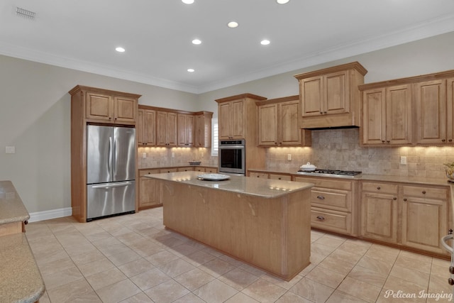 kitchen featuring stainless steel appliances, a center island, crown molding, light tile patterned floors, and light stone counters