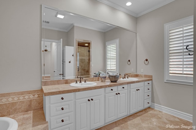 bathroom with separate shower and tub, crown molding, and vanity