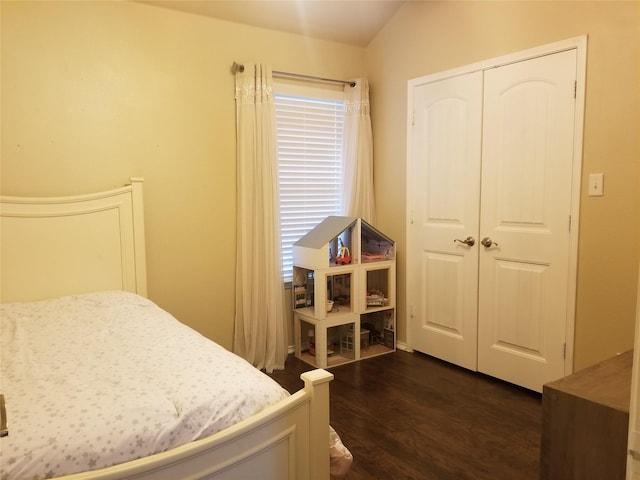 bedroom featuring lofted ceiling, dark wood-type flooring, and a closet