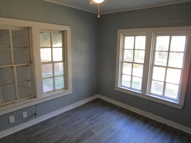 spare room featuring dark hardwood / wood-style flooring, ceiling fan, plenty of natural light, and crown molding