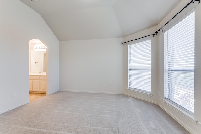 spare room with sink, light carpet, and lofted ceiling