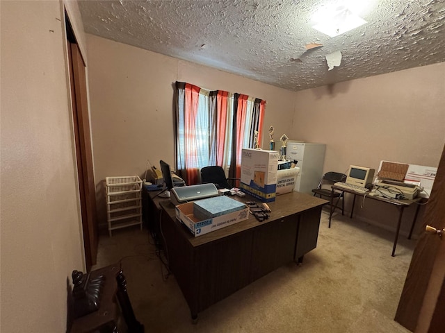 office with a textured ceiling and carpet