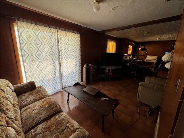 living room featuring a textured ceiling