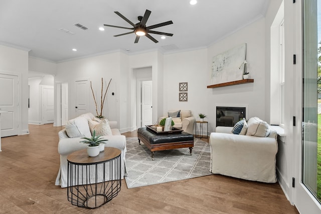 living room with ornamental molding, ceiling fan, and hardwood / wood-style floors