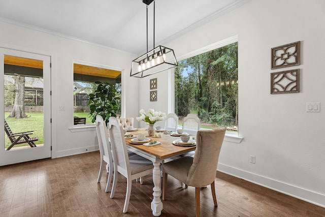 dining room with ornamental molding and hardwood / wood-style floors