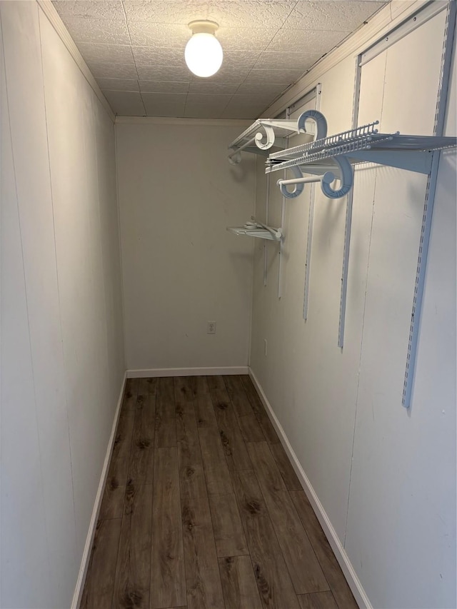 walk in closet with dark wood-type flooring