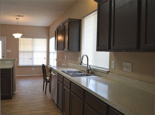 kitchen featuring sink, dark brown cabinets, dishwasher, and a wealth of natural light