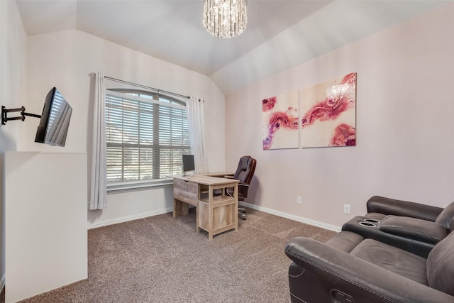 office with lofted ceiling, carpet flooring, and a chandelier