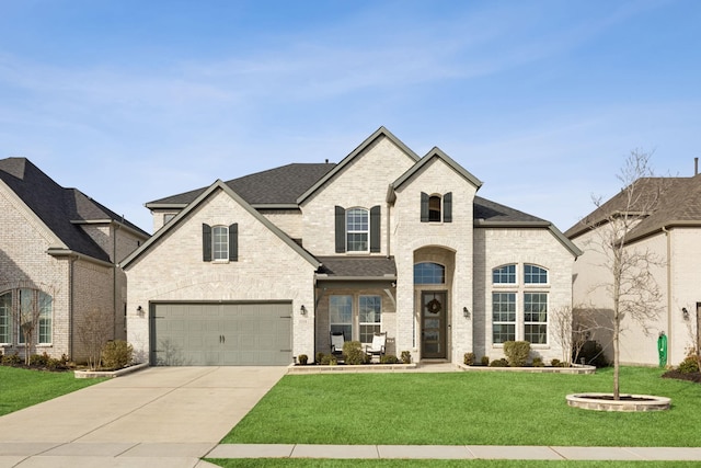 french country inspired facade featuring a front lawn and a garage