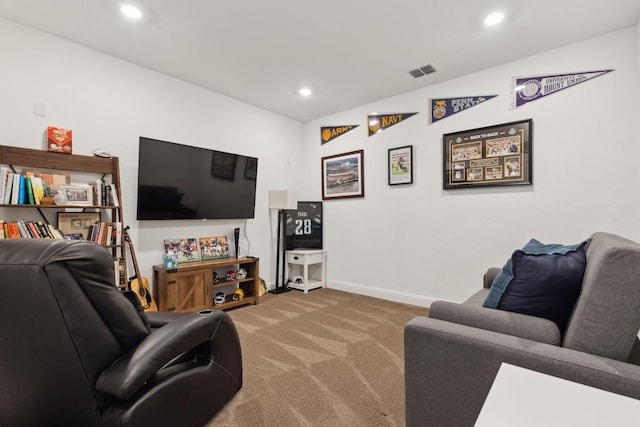 carpeted living room with vaulted ceiling