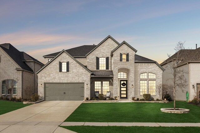 french country style house featuring a lawn and a garage