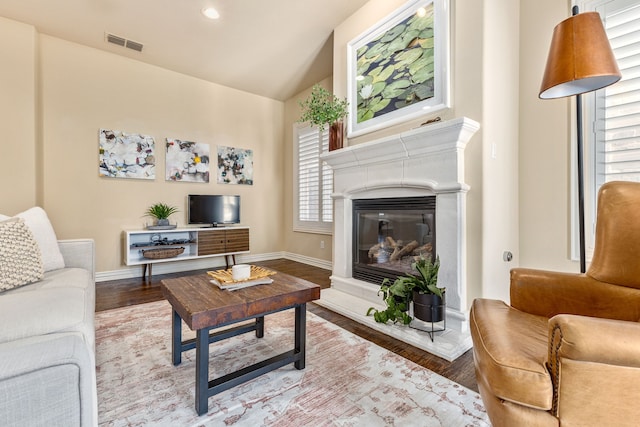 living room with lofted ceiling and wood-type flooring