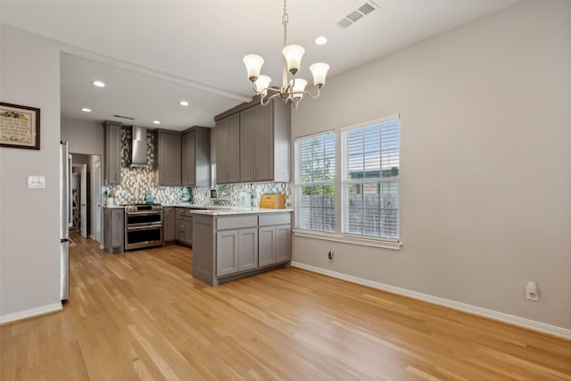 kitchen featuring stainless steel appliances, backsplash, gray cabinets, wall chimney range hood, and pendant lighting