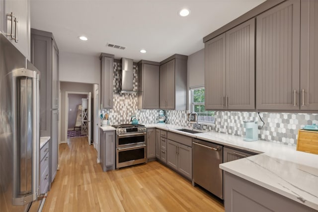 kitchen featuring gray cabinetry, stainless steel appliances, light wood-type flooring, sink, and wall chimney range hood