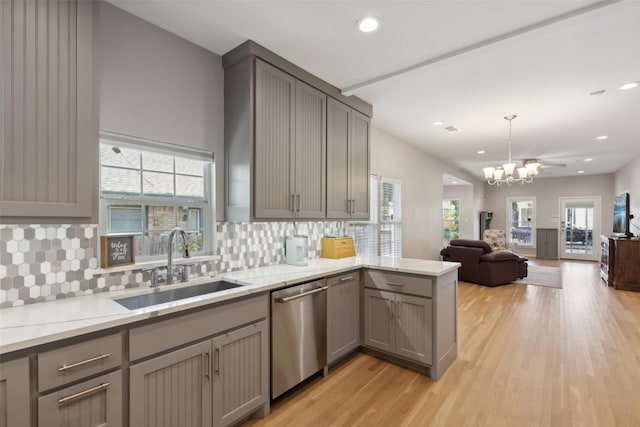 kitchen with kitchen peninsula, dishwasher, gray cabinetry, and sink