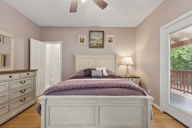 bedroom with ceiling fan, light wood-type flooring, access to outside, and multiple windows