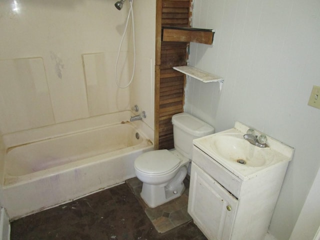 full bathroom with bathing tub / shower combination, vanity, and toilet