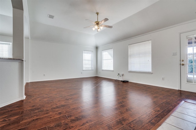 unfurnished room with lofted ceiling, ceiling fan, and dark hardwood / wood-style floors