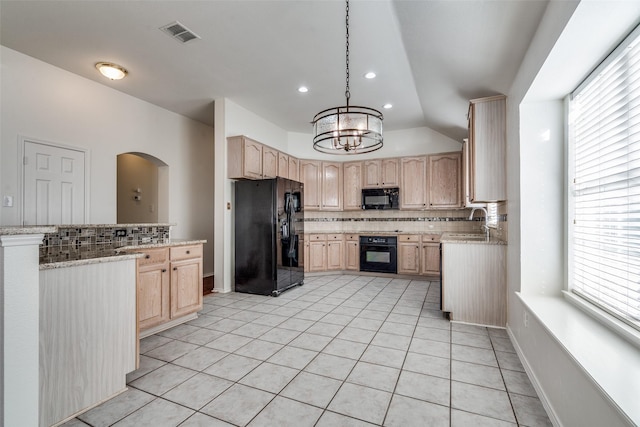 kitchen with vaulted ceiling, light brown cabinets, decorative backsplash, hanging light fixtures, and black appliances