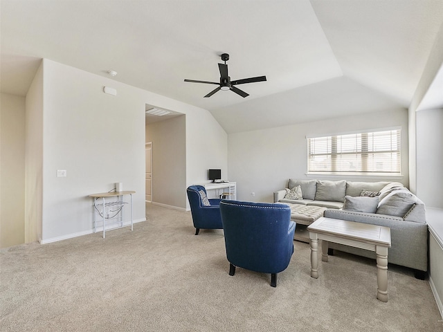 carpeted living room featuring lofted ceiling and ceiling fan