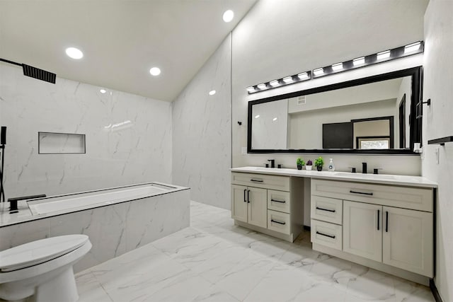 full bathroom with plus walk in shower, vanity, and toilet