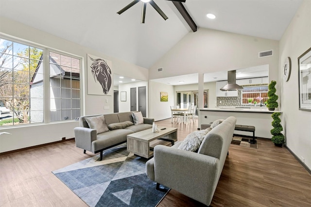 living room with beam ceiling, ceiling fan, a wealth of natural light, and hardwood / wood-style flooring