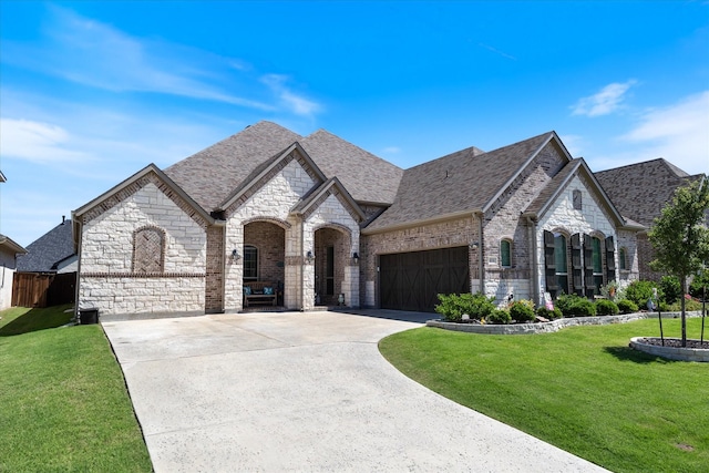 french country home with a front lawn and a garage