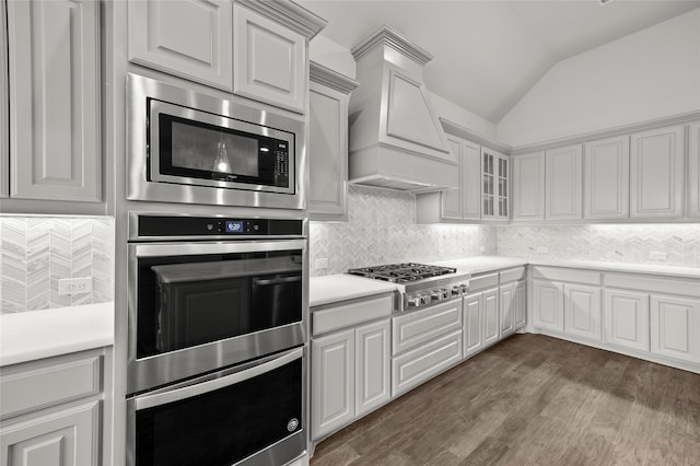 kitchen featuring premium range hood, dark wood-type flooring, lofted ceiling, white cabinetry, and stainless steel appliances