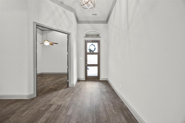 office space with ceiling fan and dark wood-type flooring