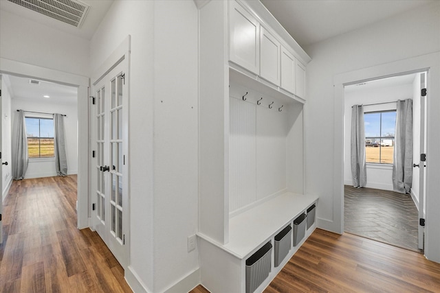 mudroom with a wealth of natural light and dark wood-type flooring