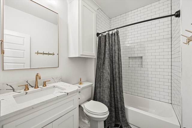 full bathroom with toilet, vanity, and shower / bathtub combination with curtain