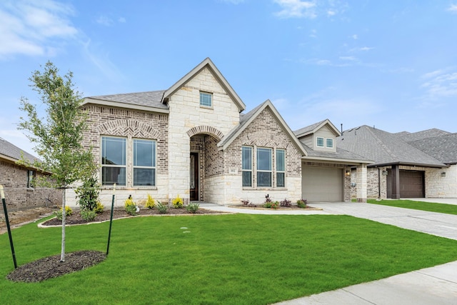 french country inspired facade featuring driveway, stone siding, a front yard, and roof with shingles