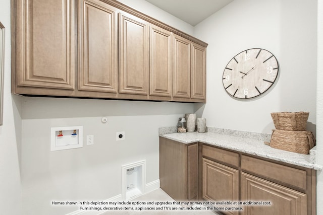 laundry room with gas dryer hookup, washer hookup, cabinets, and hookup for an electric dryer