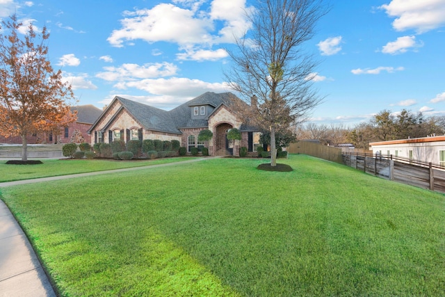 french country home with a front lawn