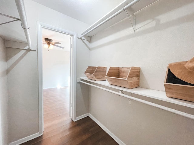 spacious closet with dark wood-type flooring and ceiling fan