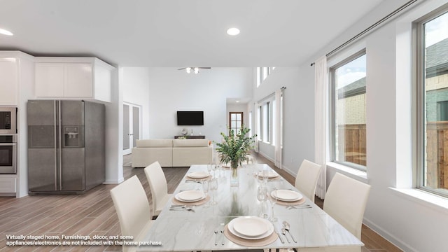 9328 Paintbrush Dr, Oak Point, TX 75068 - dining area with baseboards, recessed lighting, light wood-style flooring, and a ceiling fan