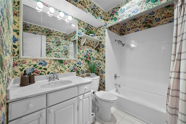 full bathroom with vanity, shower / tub combo, tile patterned floors, and toilet