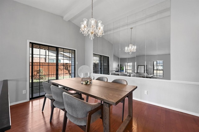 dining area featuring baseboards, beam ceiling, a chandelier, and wood finished floors